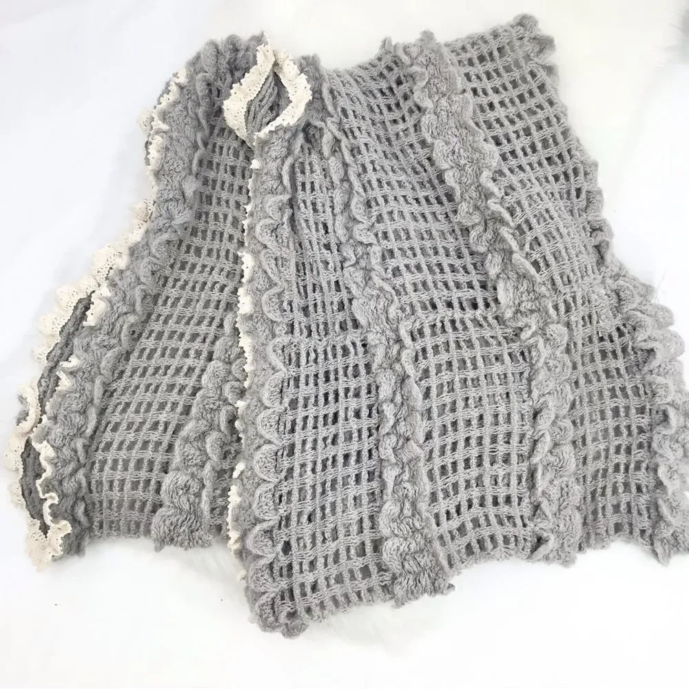 Vanity Gray Open Knit Infinity Scarf with cream lace trim- New With Tags